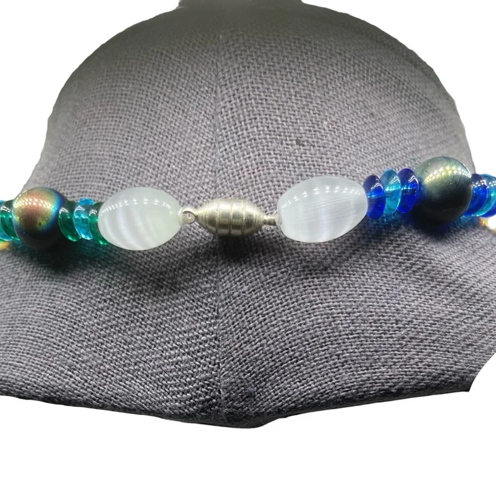 ❤️ Vintage Blue Hues Glass Beaded Abalone Pendant Retro Necklace - Picture 4 of 5